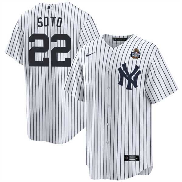 Mens New York Yankees #22 Juan Soto White 2024 World Series With Name Cool Base Stitched Jersey Dzhi